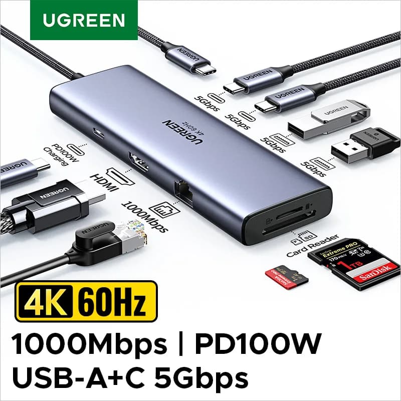 Docking station HUB USB UGREEN da tipo C a 4K60Hz HDMI Gigabit RJ45 SD/TF Dati USB-A/C HUB USB 3.0 da 5 Gbps per accessori per laptop PC