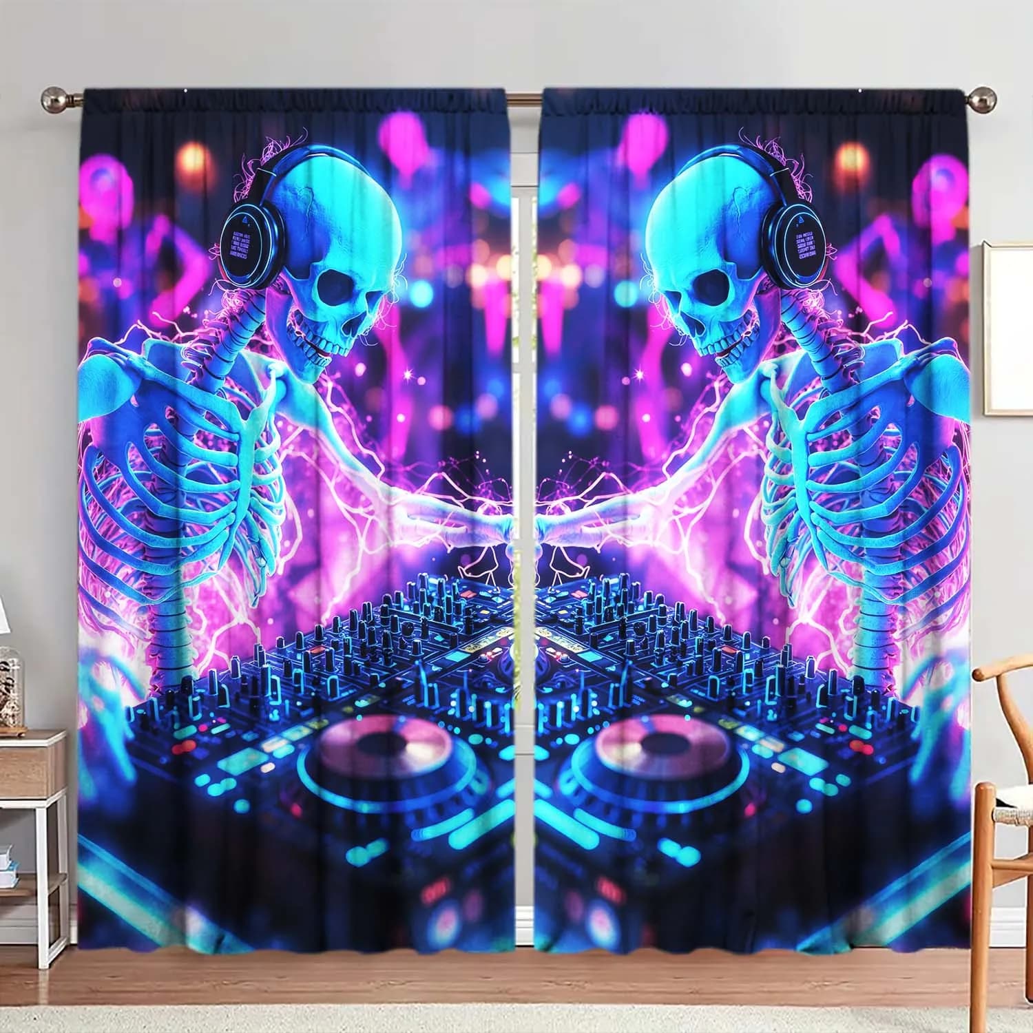 Ultra Vivid Skeleton Couple DJ Party Rave Theme Curtains Blue Neon Glowing Skull Window Drapery Panel for Nightclub Decoration