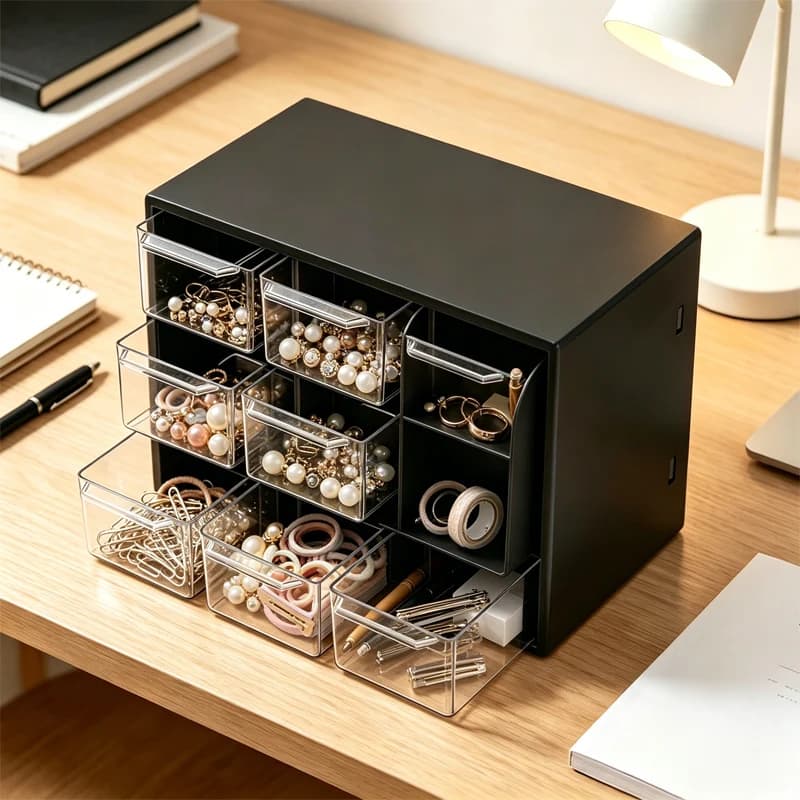 Organizzatore da Scrivania a 9 Scomparti, Cassetto Trasparente per Ufficio, Contenitore per Oggetti Vari, Montabile a Parete