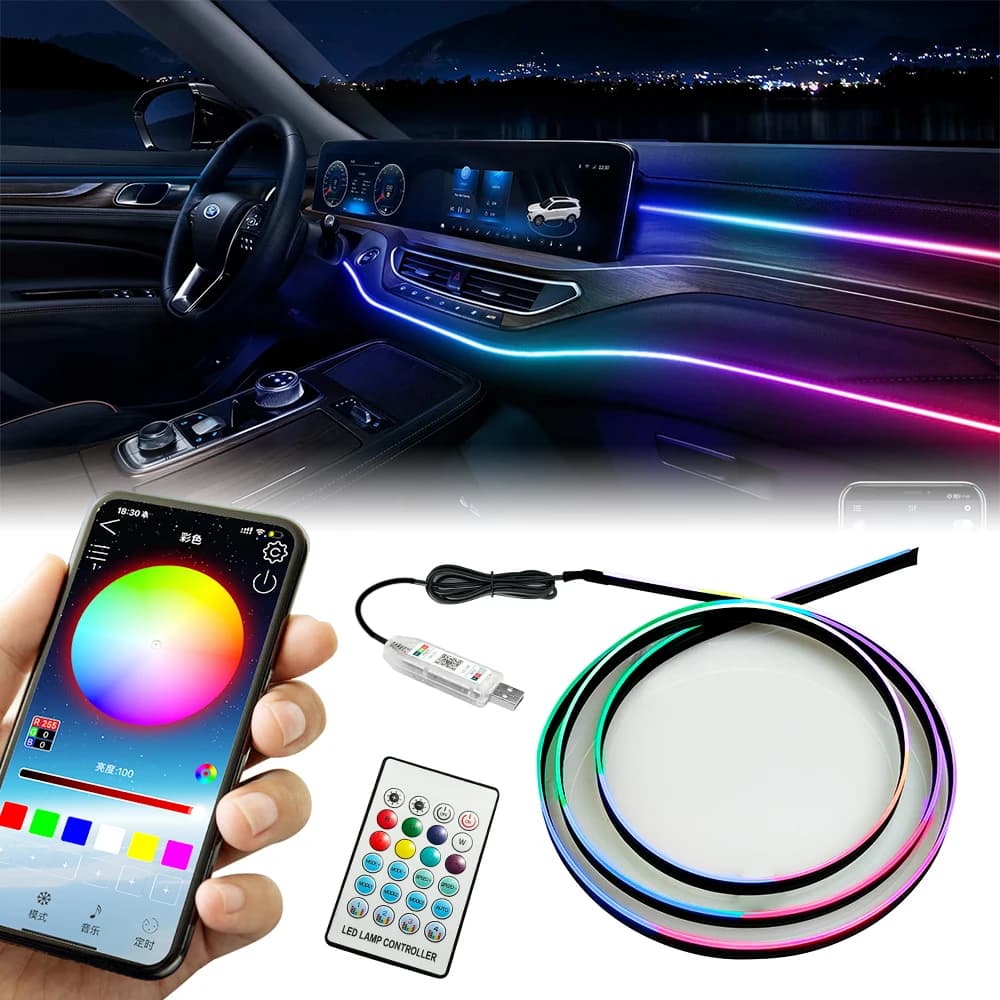 Striscia LED per Interni Auto in Acrilico Dreamcolor da 140cm con App Wireless, Kit di Illuminazione Ambientale per Auto con Fibra Ottica RGB da 55'' e Controllo Musicale
