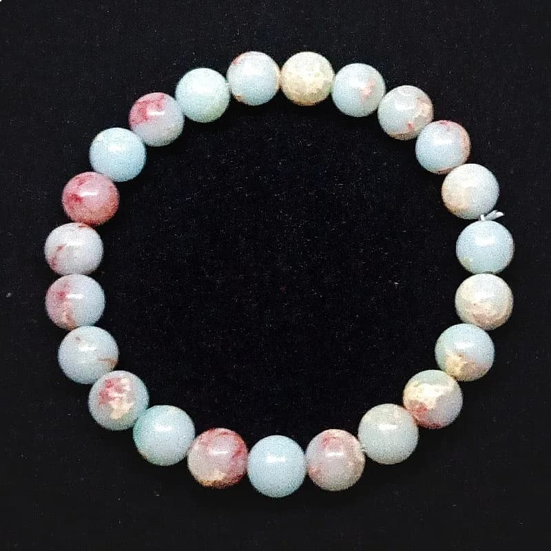 Light Blue Pink Splash Pattern Natural Stone Beaded Bracelet Polished Round Mixed Mineral Stretch Wrist Bracelet Women Dainty Daily Jewelry Gift