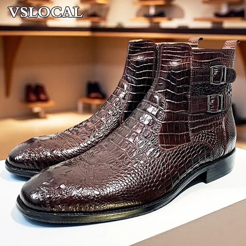 Stivali Chelsea da uomo di lusso, neri e marroni, con stampa coccodrillo, cerniera e doppia fibbia, in vera pelle.