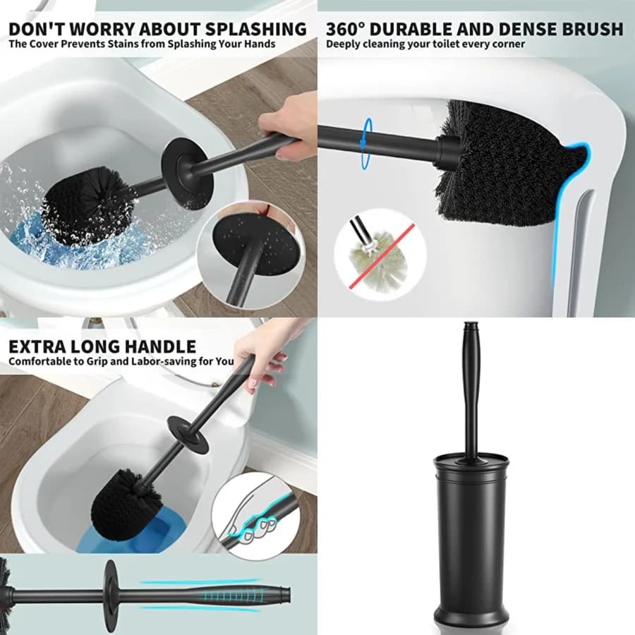Spazzola per WC, Spazzola per WC con Manico Extra Lungo, Setole Resistenti, Spazzola per la Pulizia del WC con Supporto Coperto per la Pulizia del Bagno (Nero, 1 Set)