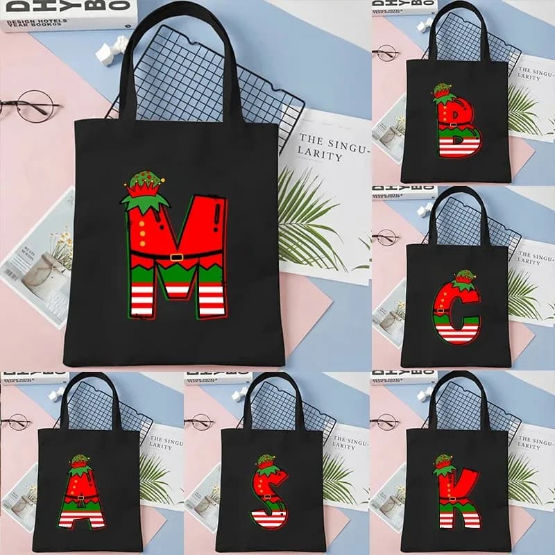Buon Natale 26 Borsa tote in tela con alfabeto per donna Lettere Borsa a tracolla estetica Cartoon Capybara Borse riutilizzabili per studenti