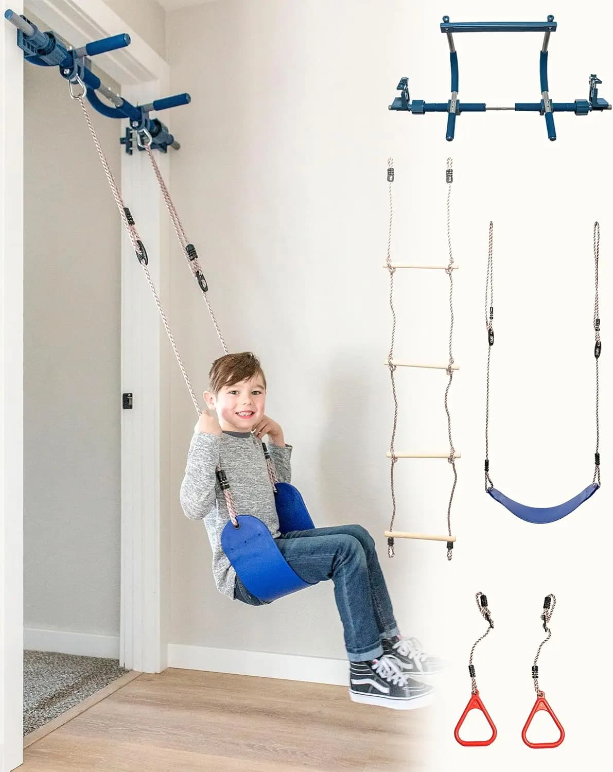 Set da Palestra per Interni con Altalena Sensoriale e Anelli per Trazioni - Barra Regolabile per Trazioni per Bambini e Adulti, Acciaio Resistente, Supporti Inclusi