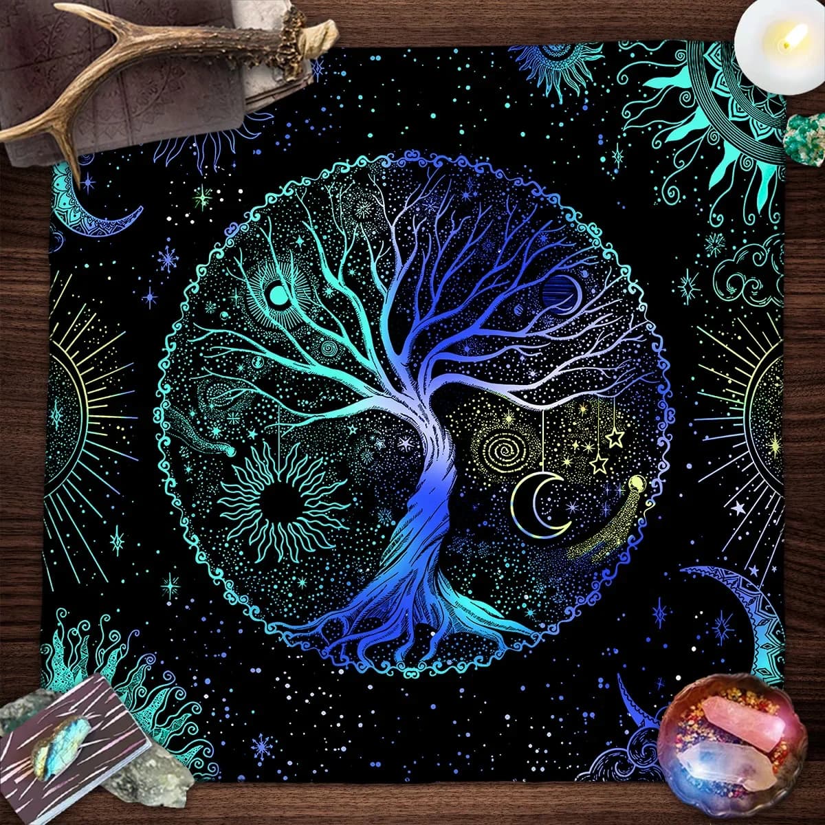 Tovaglia per tarocchi dell'albero della vita blu Sole Luna Cielo stellato Panno per altare Tarocchi Copertura per lettura Stregoneria Astrologia Tappetino per tarocchi Oracolo