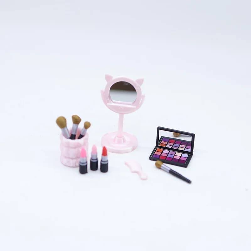 1set Mini Makeup Set Cosmetic Mirror Lipstick Eyeshadow Brush Comb Model Miniature Accessories Desktop Decoration Ornament