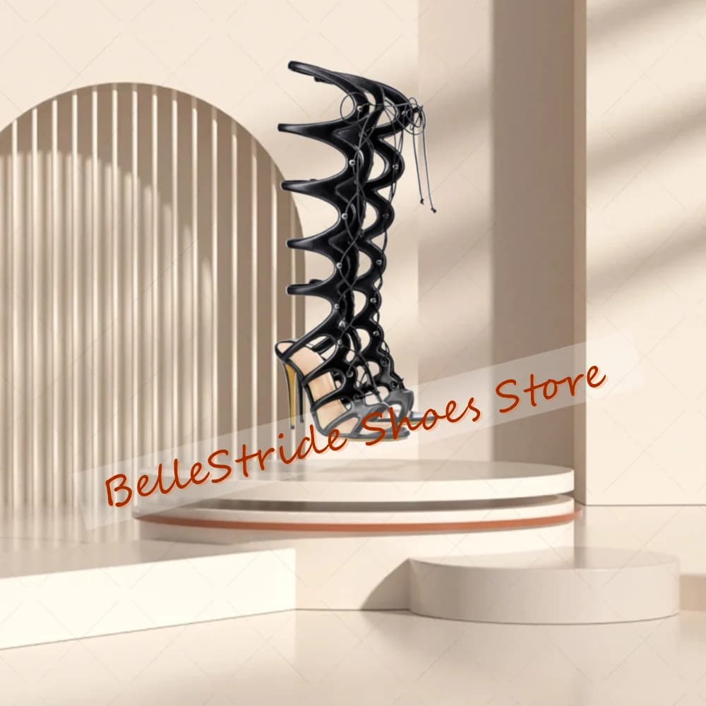 Nero Scava Fuori Sandali Open Toe Stivali Lace up Scarpe da donna Tacchi a spillo Tacchi alti Festa Banchetto Incontri 2025 Zapatos Para Mujere