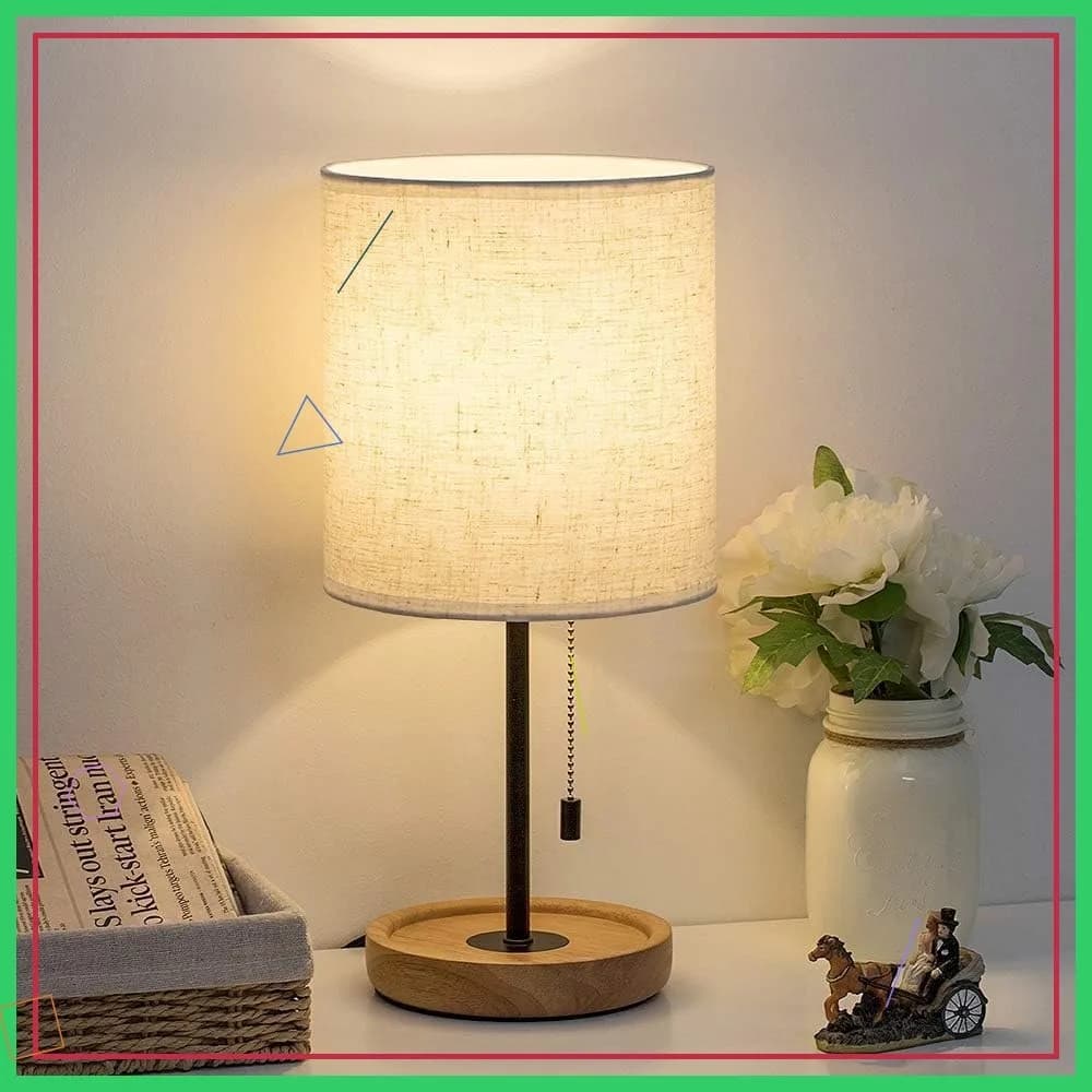 Modern bedside lamp with linen lampshade, wooden desk light for bedroom, office, dormitory, dining room - 16 inch