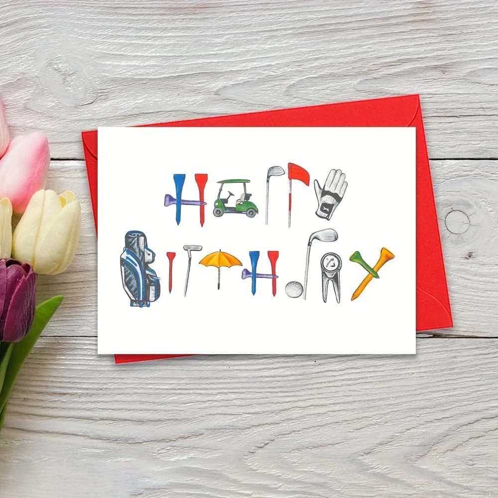 Golfer'S Birthday Card - Humorous Golf-Themed Greeting Card with Cartoon Golf Clubs, Balls, for Golf Enthusiasts, Golf Gift