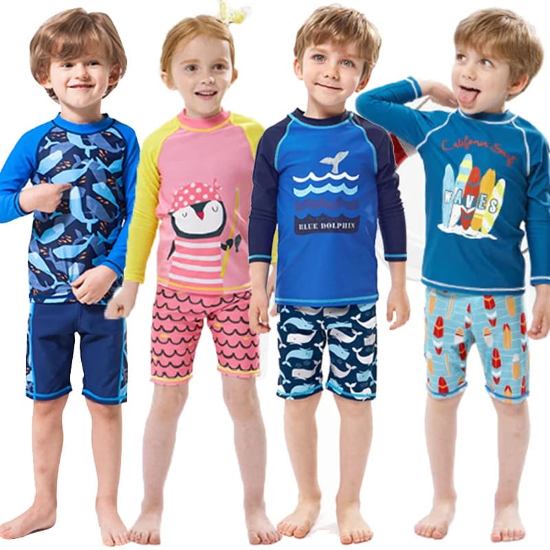 Costume da bagno per bambini con stampa di pinguini dei cartoni animati, manica lunga, due pezzi, ad asciugatura rapida, per ragazzi e ragazze, abbigliamento da spiaggia, spa, surf.