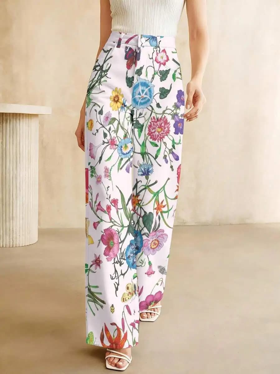 Womens High-Waist Floral Print Straight Leg Casual Trousers Spring Summer