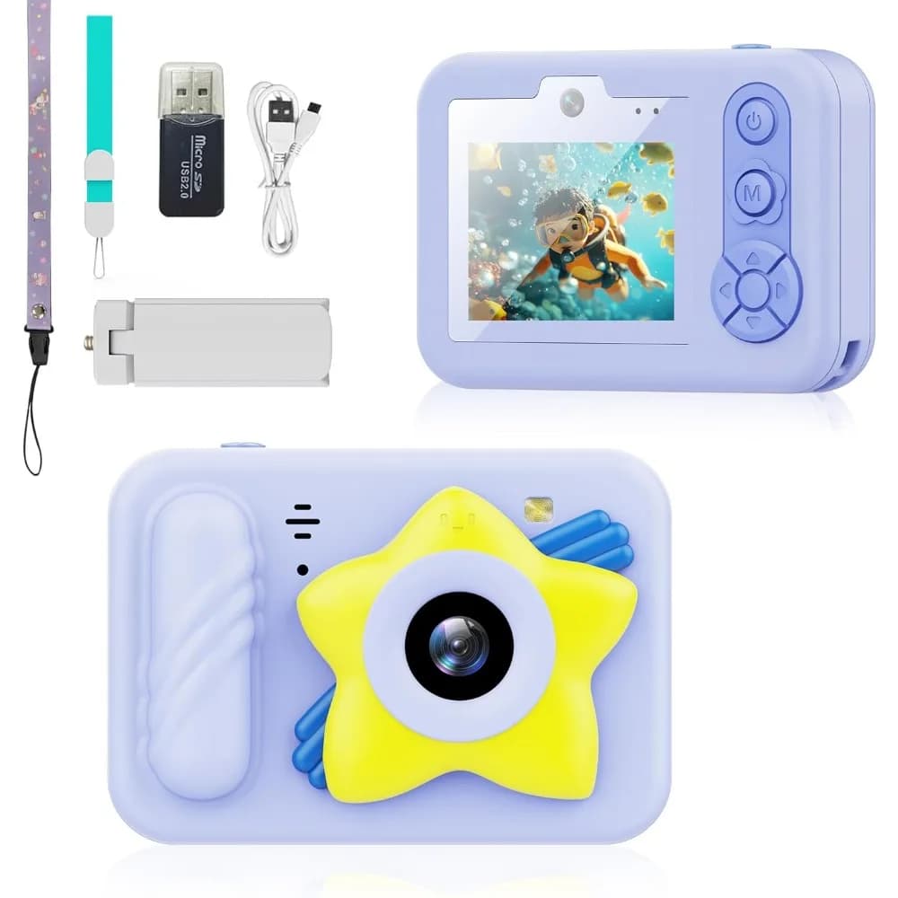 Waterproof Camera for Kids 48MP 1080P with 32GB Card, Strap, Support, Wall decals and Frames for 3-12 Years, Travel, Swimming, Snorkeling, Blue