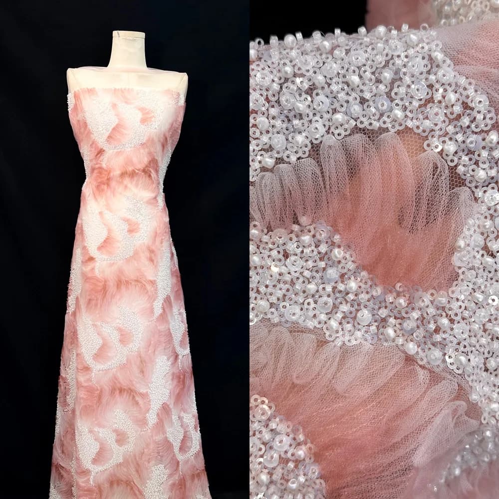1 Yard 3D Pink Textured Wave Lace Fabric with Beadword Salmon 3D Coiled Applique for Ball Gown,Wedding Dress,Haute Couture