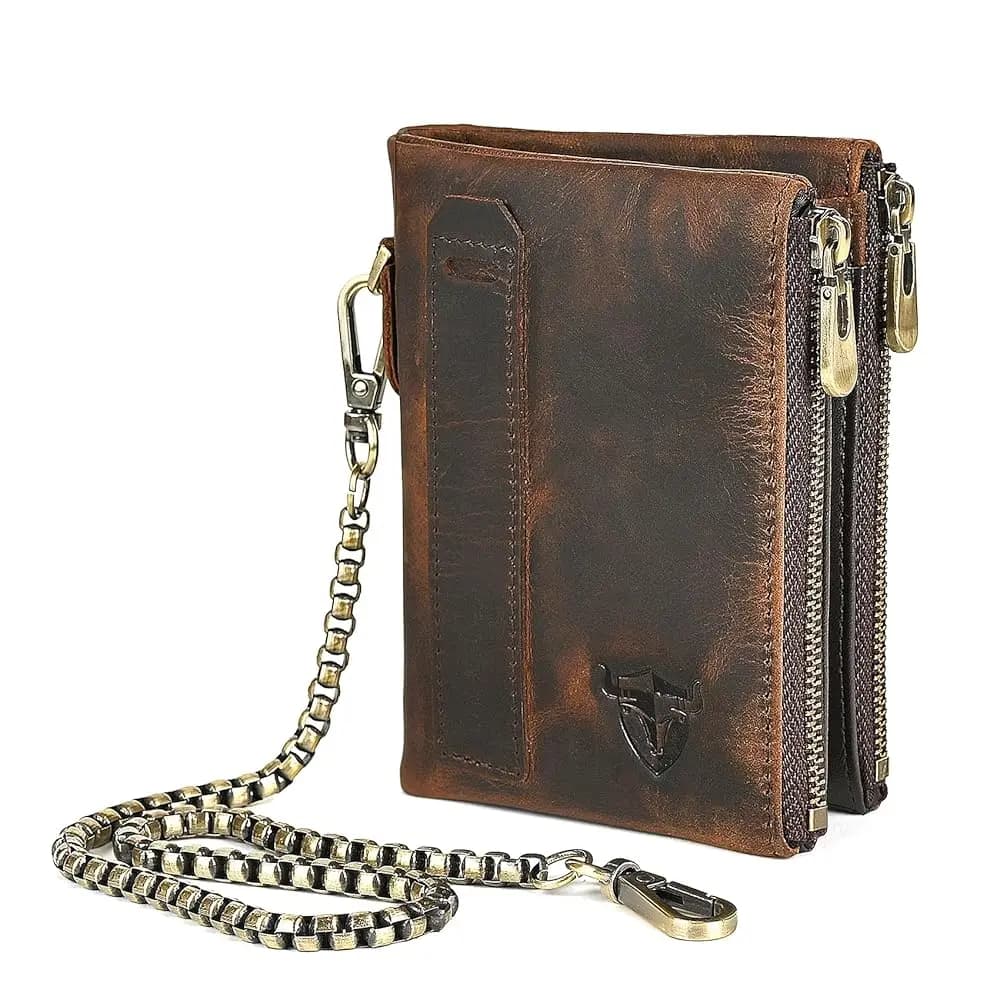 Portafoglio Verticale in Vera Pelle Cerata con Catena RFID, Porta Monete e Carte, con Chiusura a Scatto, da Uomo, Modello 1802 (Marrone)