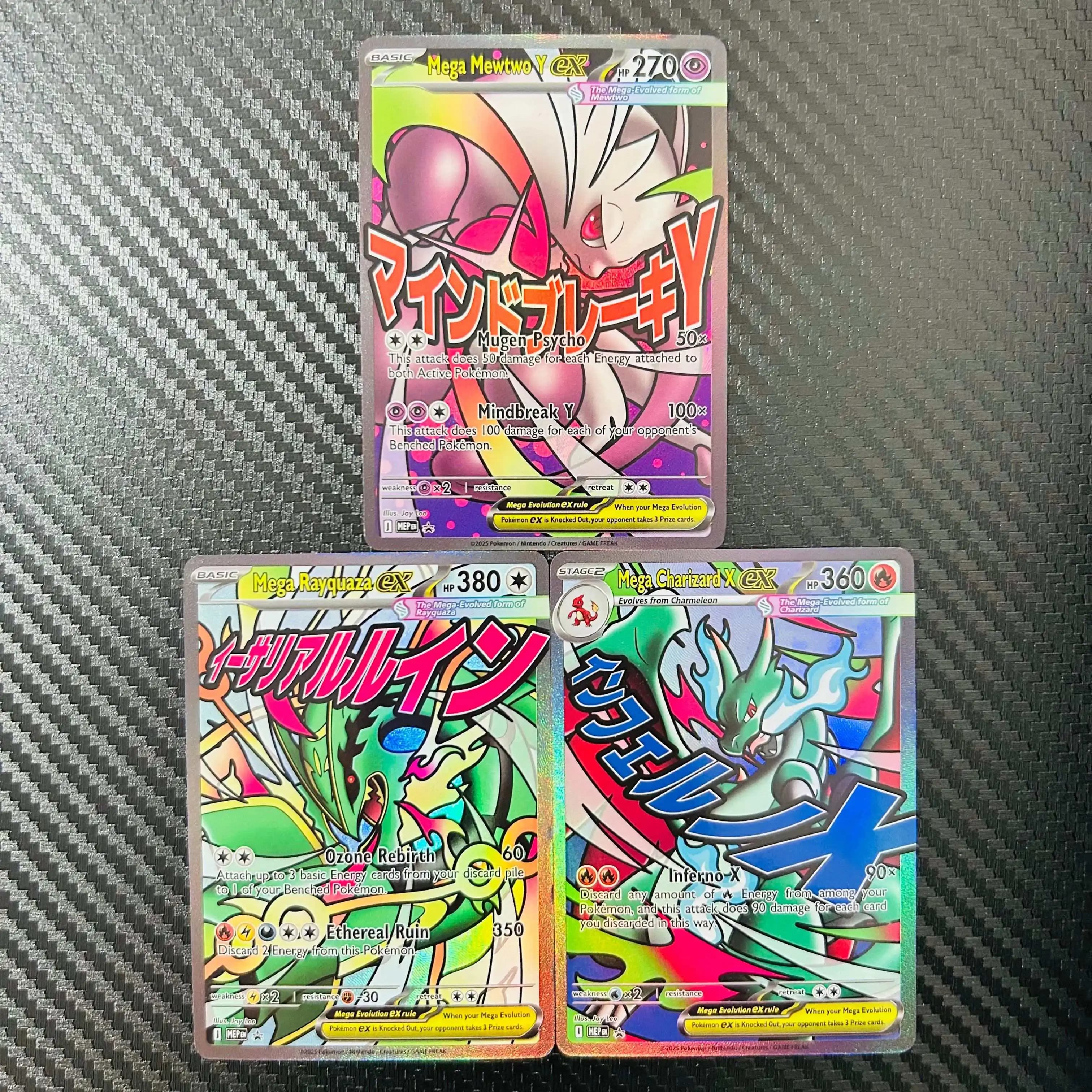 DIY Pokemon Mega Mewtwo Y Rayquaza Charizard X EX 3Pcs Holographic Texture EN Version Full Art Premium Anime Collection Card