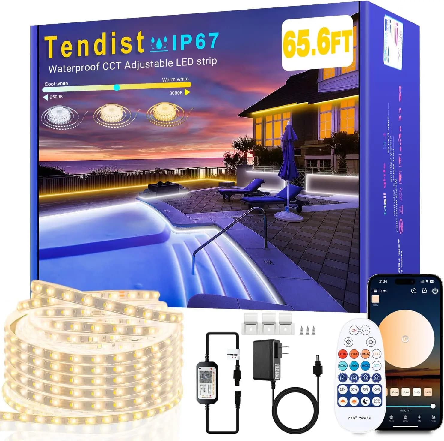 Striscia LED da Esterno 20m, Impermeabile IP67, Dimmerabile 3000K-6500K, con Telecomando e App, 24V Adesiva per Patio, Terrazza, Gazebo