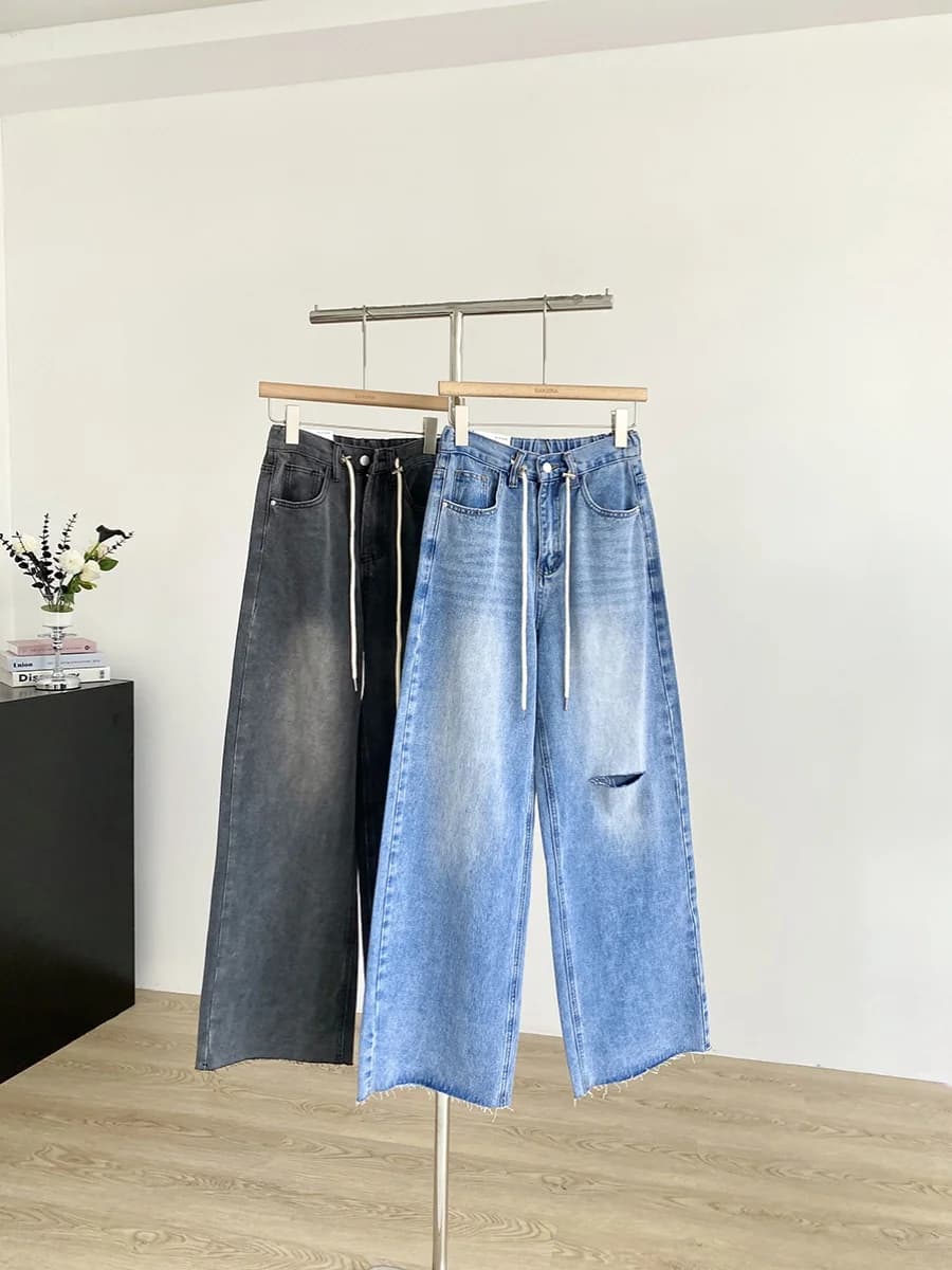 Trendy High Waist Straight Leg Jeans Women's Spring Summer New Korean Style Casual Denim Pants with Hole Personality Design