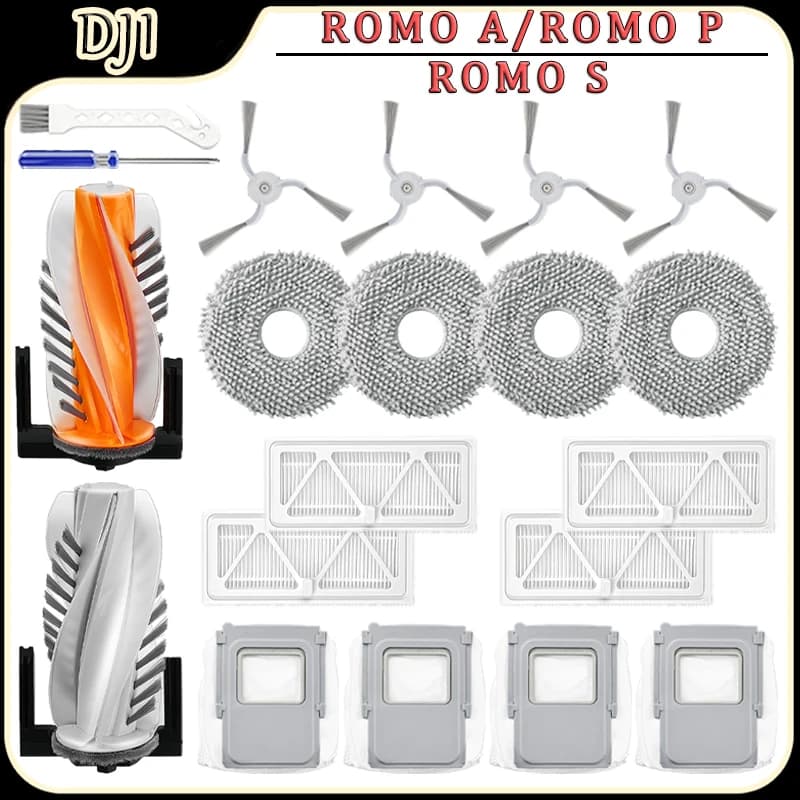 Kit di ricambi per accessori per robot aspirapolvere DJI ROMO A/ROMO P/ROMO S, spazzola principale, filtro HEPA, panno per la pulizia, spazzola laterale, sacchetti per la polvere