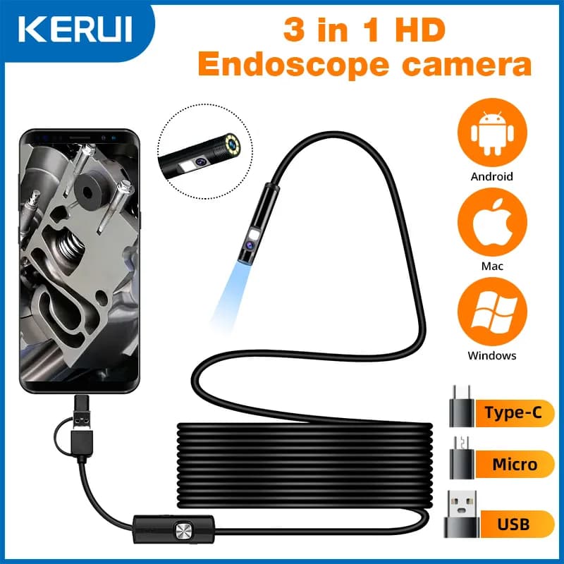 KERUI 7mm 3-in-1 Telecamera per endoscopio Mini fotocamera con obiettivo doppio/singolo per PC Android Periscopio di ispezione impermeabile per auto con condutture