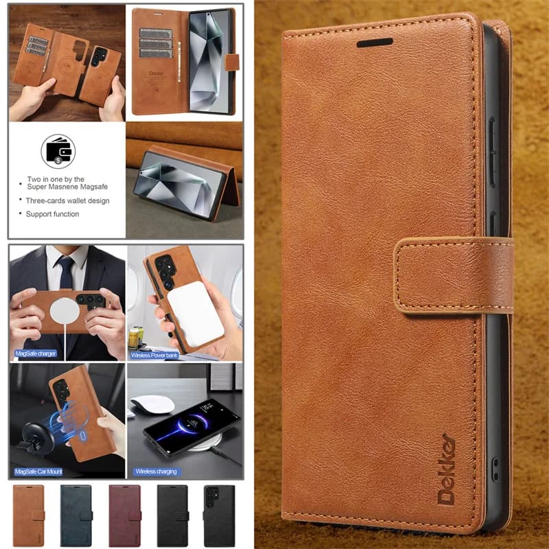 Magnetic Flip Leather Wallet Card Phone Case For Samsung Galaxy S25 S24 S23 Plus S22 Ultra Wireless Charging Back Cover Coque
