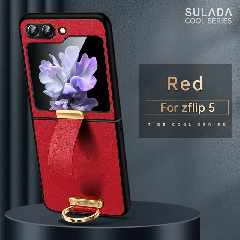 For Samsung Galaxy Z Flip 5 Case Luxury PU Leather Hard PC Cover with Portable Wristband Hand Strap Kickstand Metal Ring