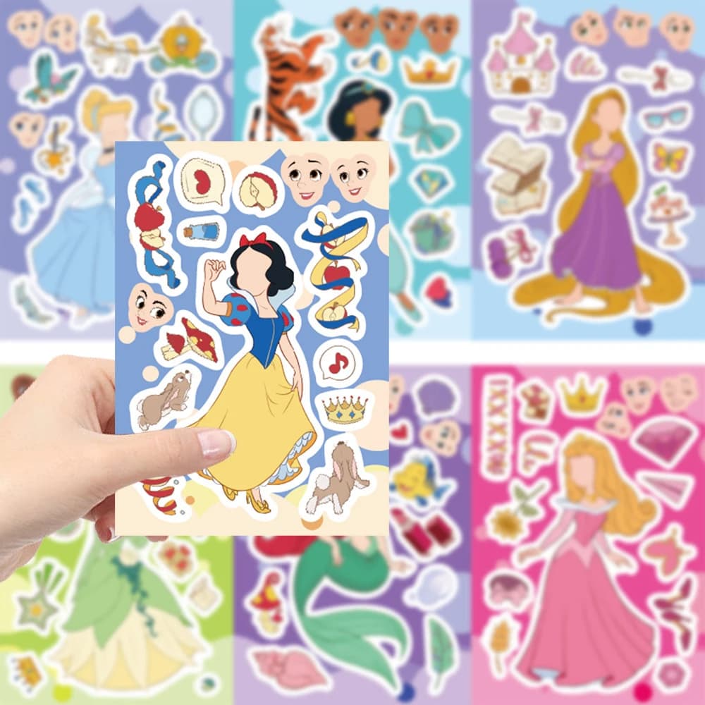 8/16 fogli Disney Cute Princess Puzzle adesivi Cartoon Make a Face Jigsaw Decalcomanie Bambini FAI DA TE Assemblare Educazione Adesivo Giocattolo