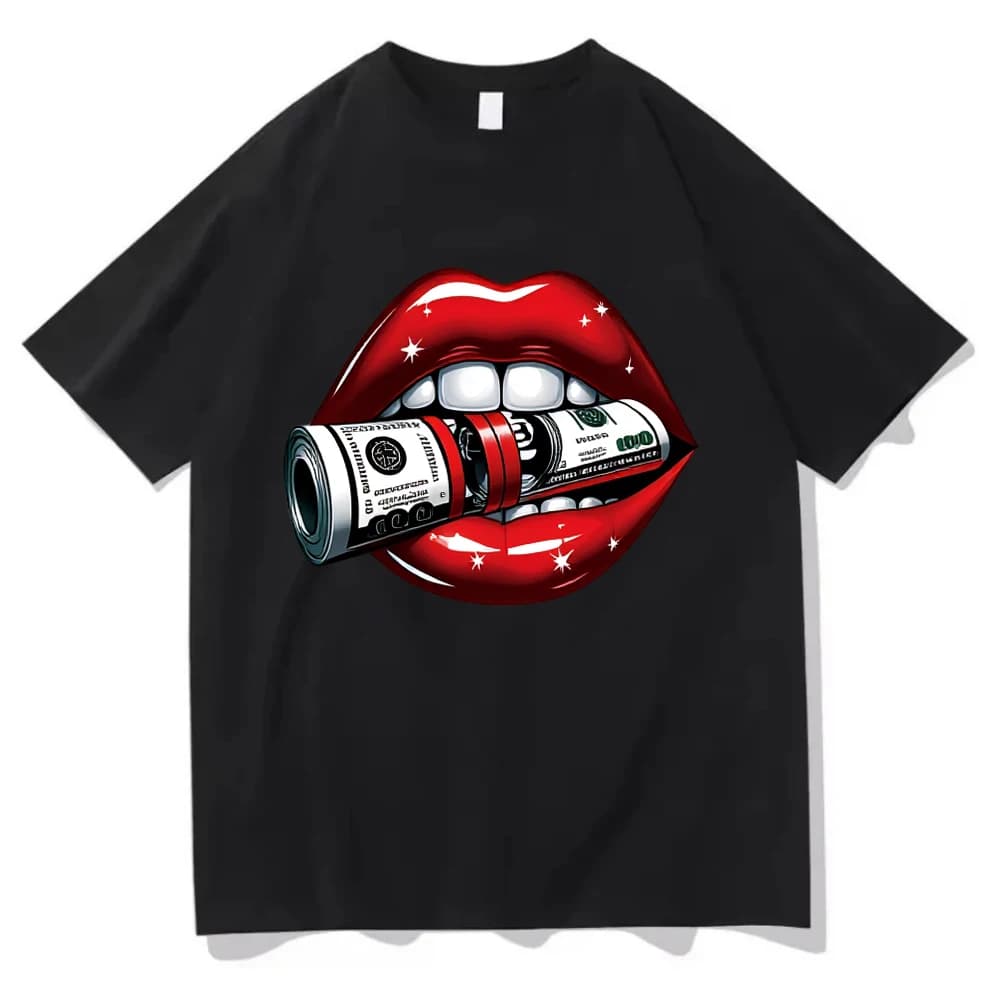 Money Lips T Shirt Sexy Red Lips Biting Dollar Graphic Tee Hip Hop Streetwear Top Harajuku Aesthetic Unisex Short Sleeve Tshirt