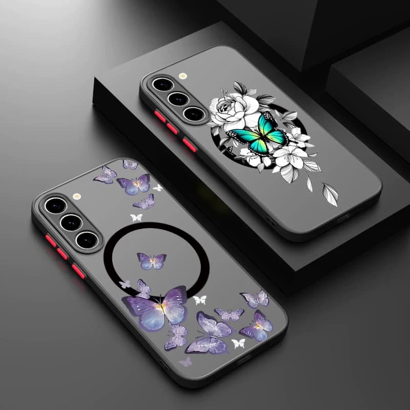 Magnetic Cover with Butterfly Pattern for Samsung Galaxy S26 S25 S24 S23 Ultra S25 S24 FE A17 A37 A56 A36 A16 in Acrylic