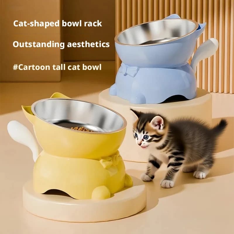 Elevated Tilted Cat Bowl Cartoon Cat Ear Stand Removable Stainless Steel Pet Feeder Anti‑Tip Food Water Bowl for Cats Small Dogs