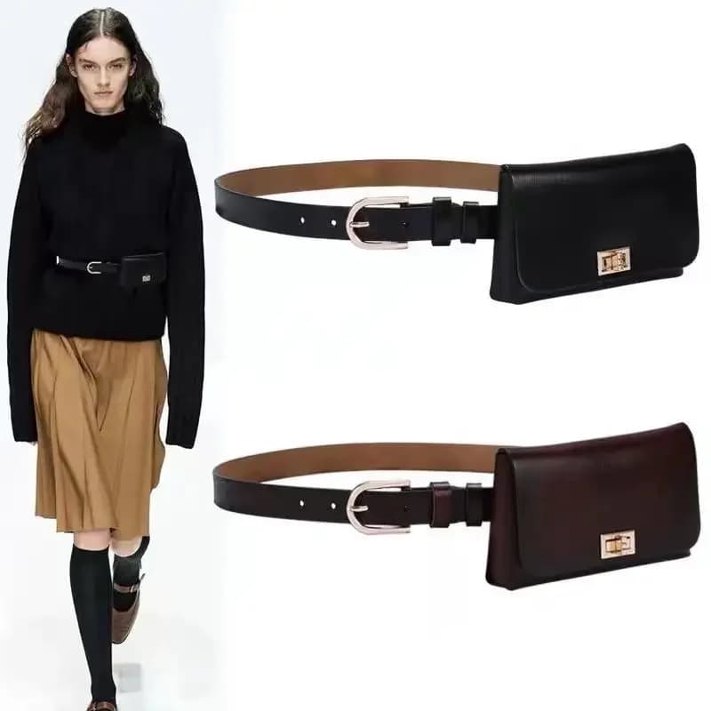 Cintura in vera pelle con borsa per telefono Marsupi in pelle di vitello moda Mini cinturino regolabile con patta da donna in pelle bovina
