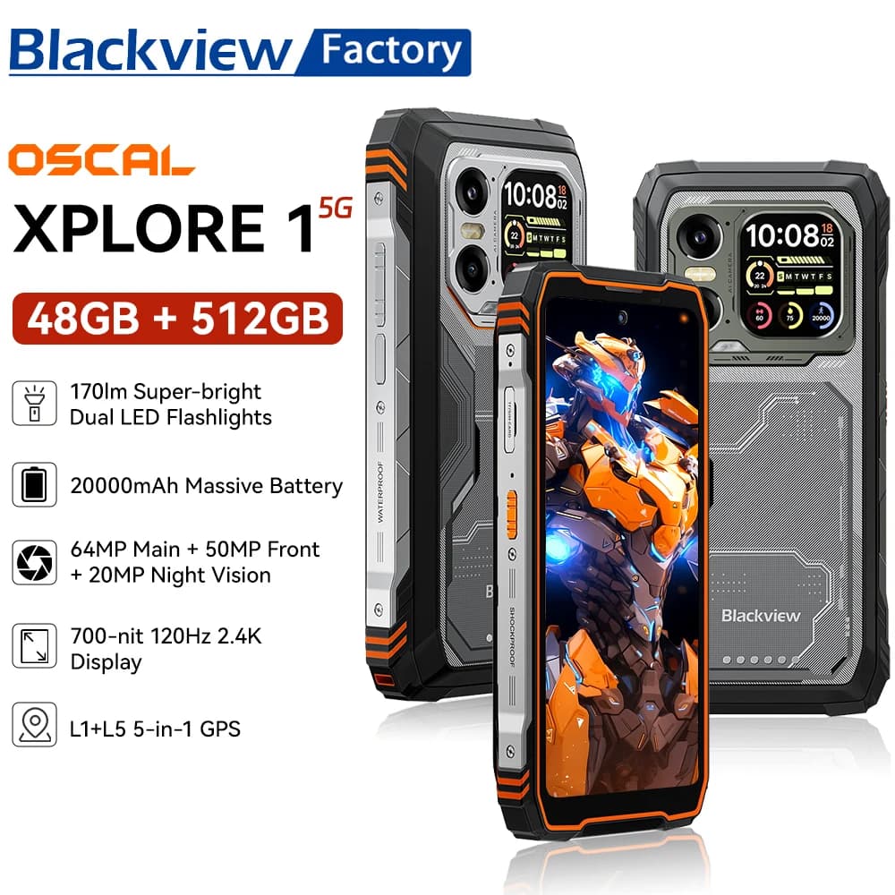 Blackview XPLORE 1 Rugged Phone 2025, Display 2.4K da 6,78'', Smartphone 5G, 6 GB + 512 GB, 20000 mAh, 64 MP, Android 15, NFC, Telefono portatile