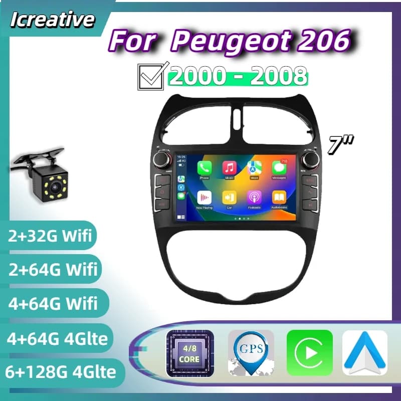 Autoradio Android per Peugeot 206 206CC 206SW 2000 - 2008 Carplay Multimedia Schermo da 7 pollici 2Din Stereo Autoradio Navigazione GPS