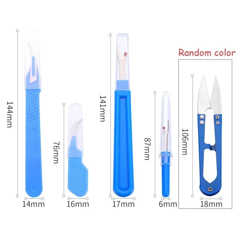 Kit di scarichi per cucire blu da 5 pezzi con scarificatore di filo e forbici per rimuovere i punti