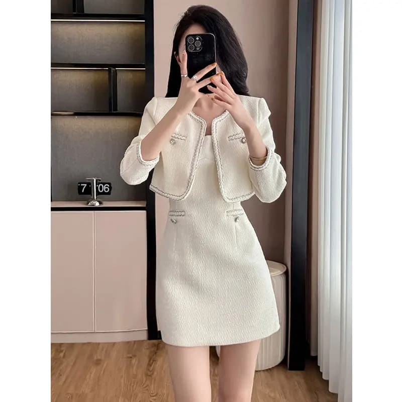 Women's beige 2-piece short jacket+camisole dress 2026 autumn/winter new small fragrance style temperament set