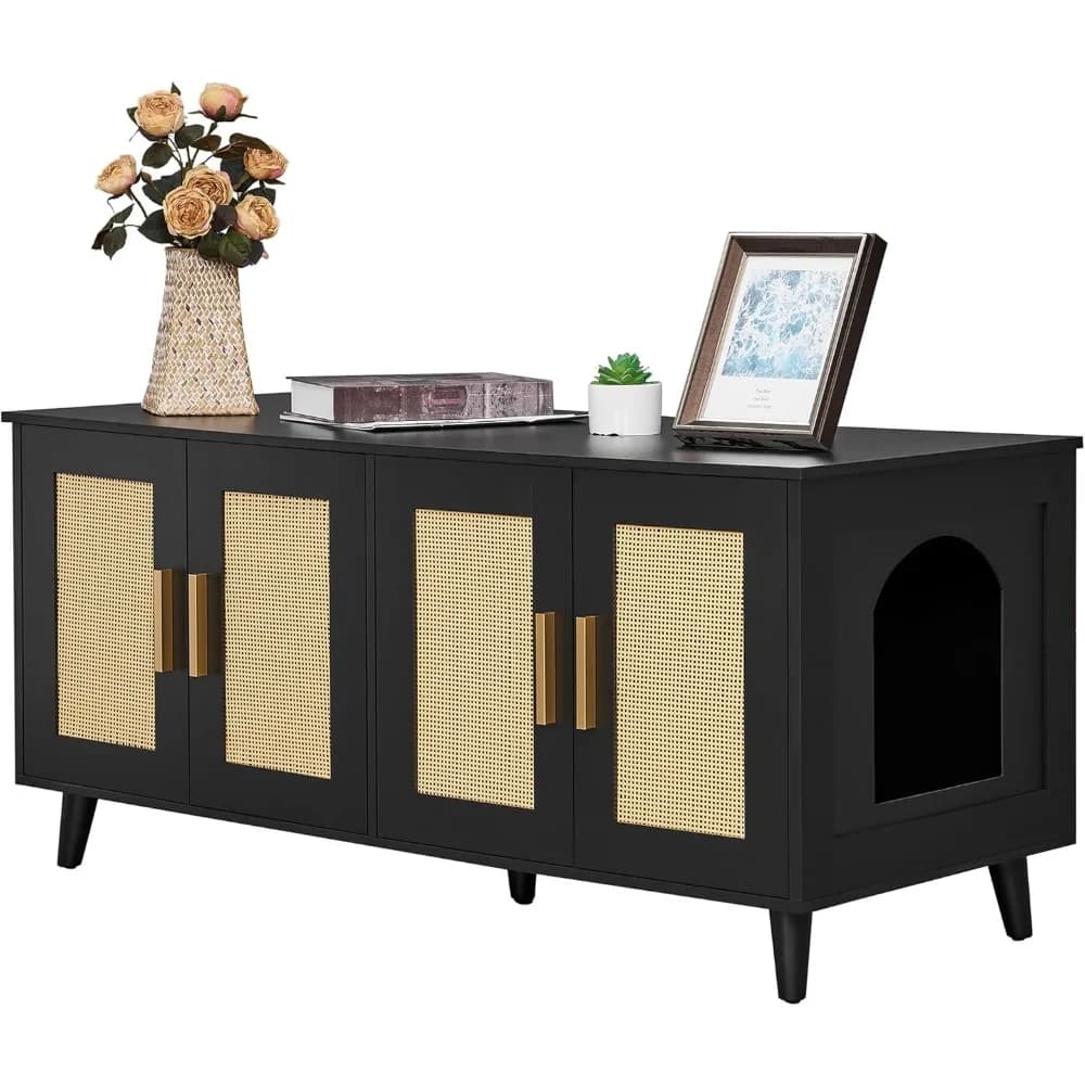 Homhedy Boho Lettiera per gatti per 2 gatti, mobili da bagno per gatti in legno con doppie ante decorate in rattan, casetta per animali domestici, 47