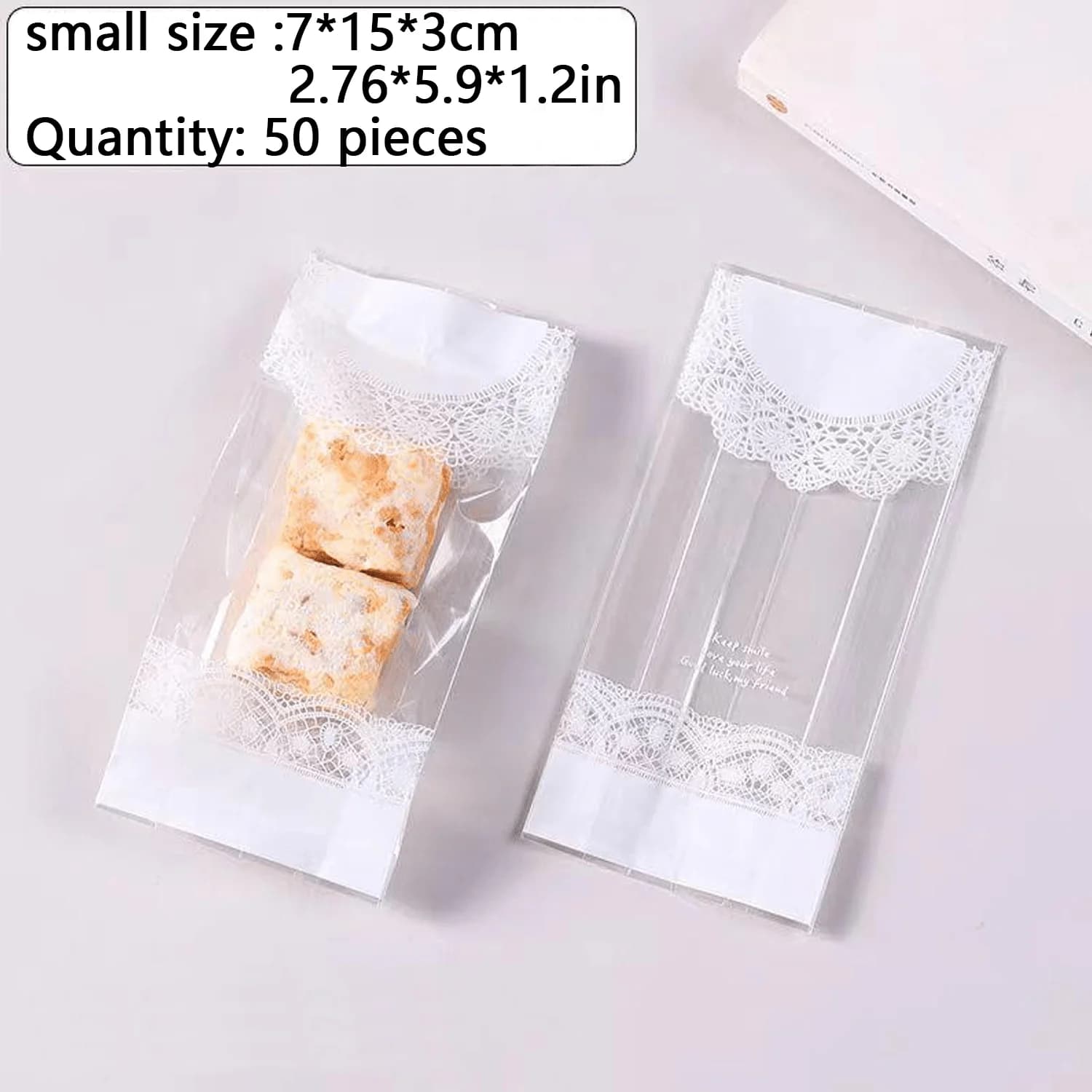 Confezione da 100 sacchetti trasparenti in pizzo, sacchetti per biscotti in plastica in 2 misure con bordo in pizzo bianco e adesivi di ringraziamento, sacchetti trasparenti per biscotti, macaron, pane, caramelle, cioccolato, snack, bomboniere, matrimoni, compleanni, festività, pasticceria fatta in casa e dessert