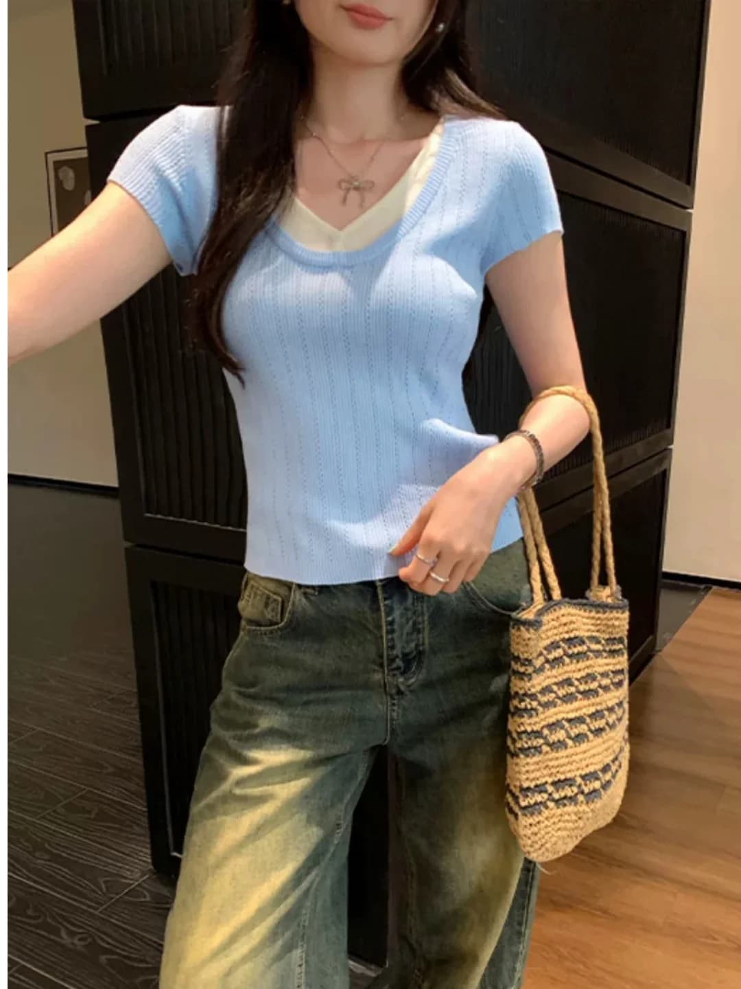 Salt Series Short Sleeve Knitted Top Women's Summer Thin Beautiful T-Shirt Stylish Citywalk High Waist V-Neck Pullover