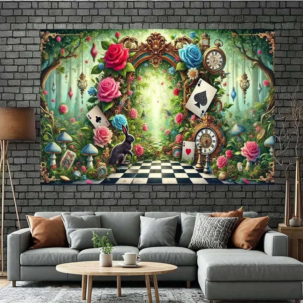 "Tapestry foresta incantata da appendere alla parete, arredamento per la stanza, Fantasy Wonderland, orologi, fiori, Alice nel Paese delle Meraviglie, Home Art"