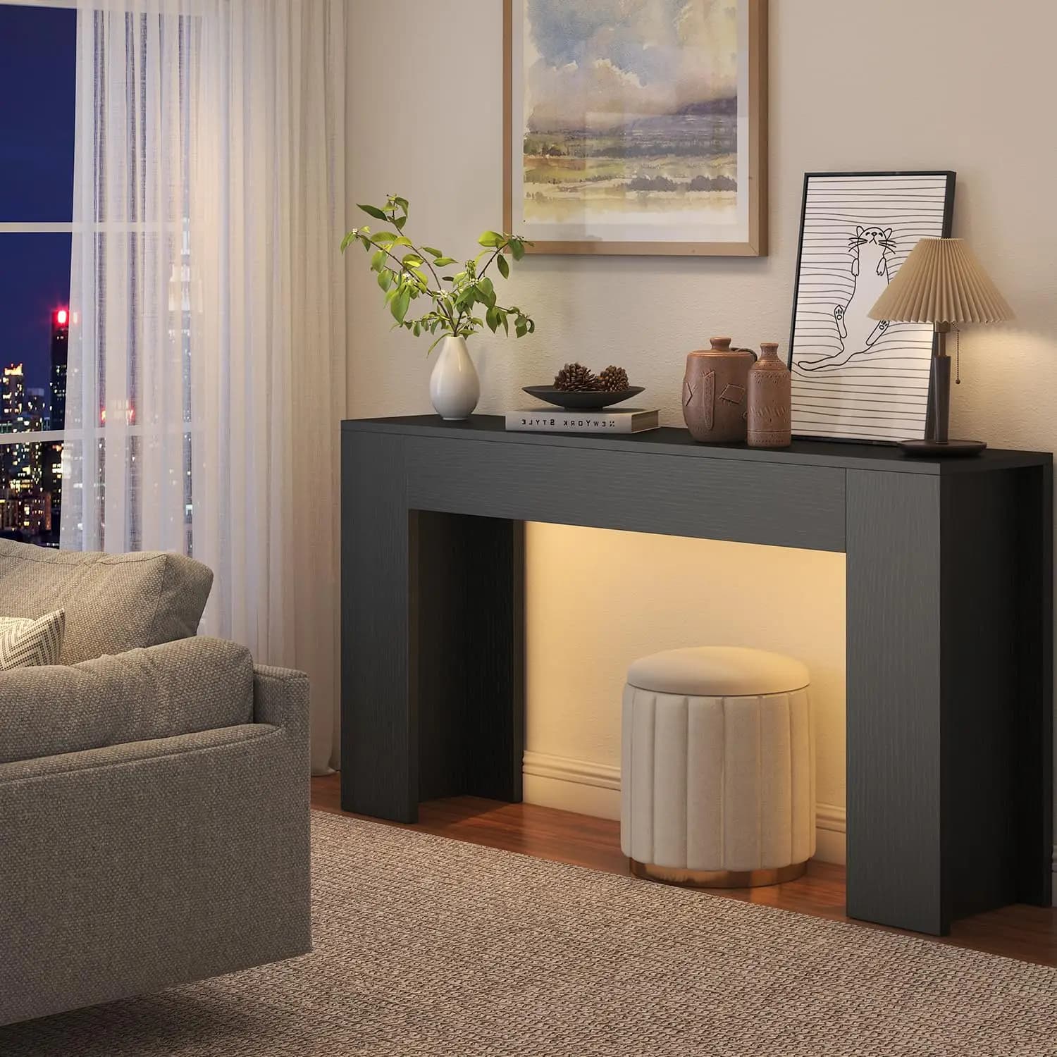 Consolle Lunga 63 Pollici con Luce LED, Tavolo da Divano Stile Rustico per Dietro il Divano, Consolle in Legno per Ingresso, Personalizzabile