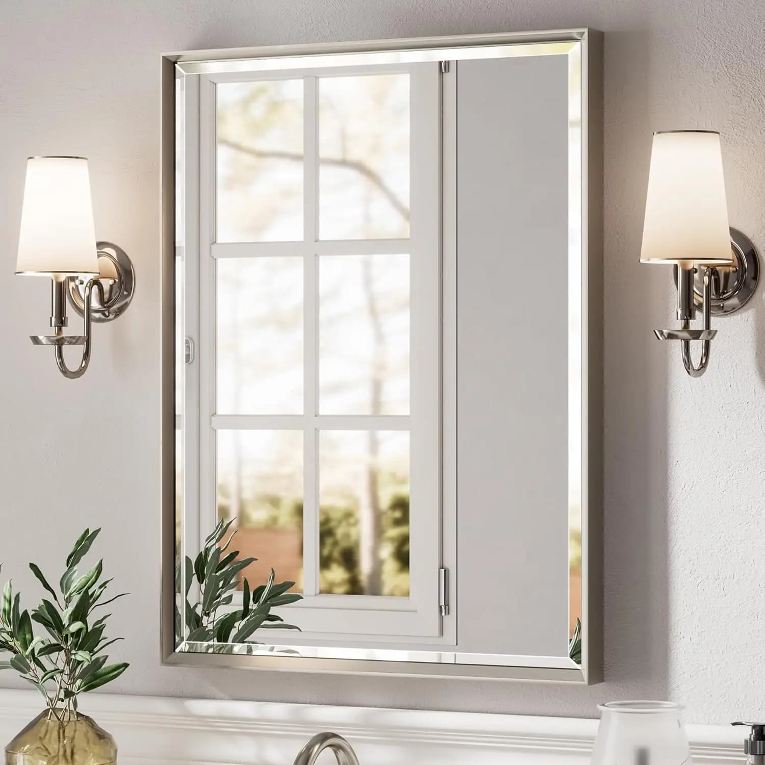 Specchio da bagno in nichel spazzolato, specchio da bagno con cornice smussata da 24x32 pollici antiruggine, specchio da bagno con struttura in metallo