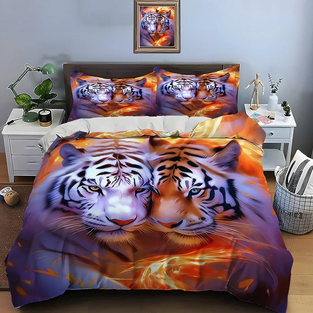 Set di biancheria da letto con stampa di due tigri con bagliori infuocati, morbido e confortevole, include 1 copripiumino e 2 federe. Regali di lusso.