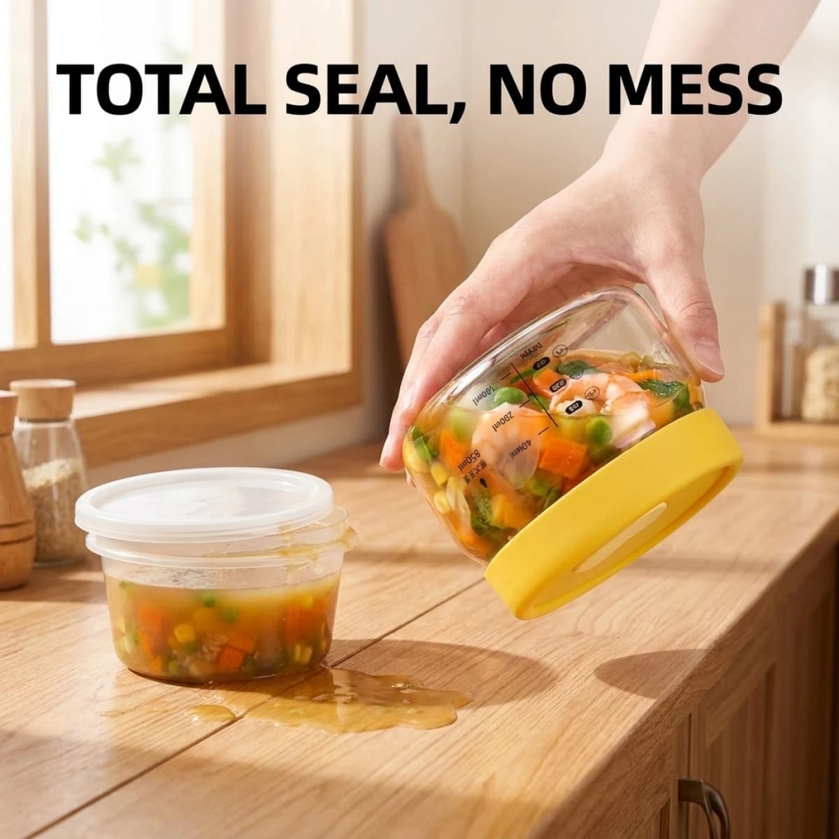 Contenitore in Vetro Ermetico per Alimenti con Coperchio Giallo, Ciotola in Vetro Borosilicato con Scala Graduata, Barattolo Ermetico per Preparazione Pasti, Casa