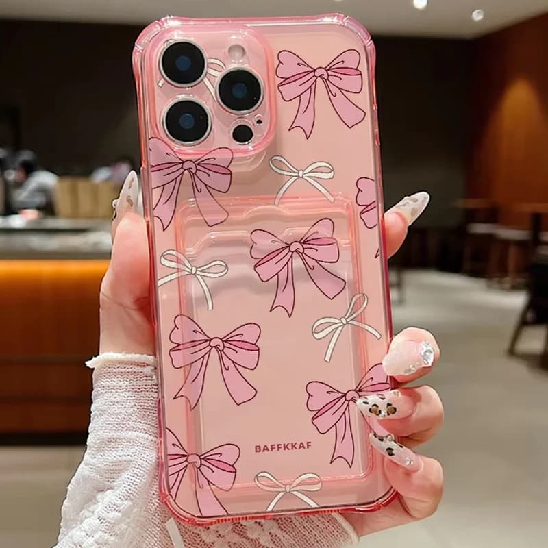 Pocket Phone Case with Card Slots for iPhone 16 Pro 16e 15 14 13 Pro Max 11 12 Silicone Cover Transparent shockproof TPU with pink bow