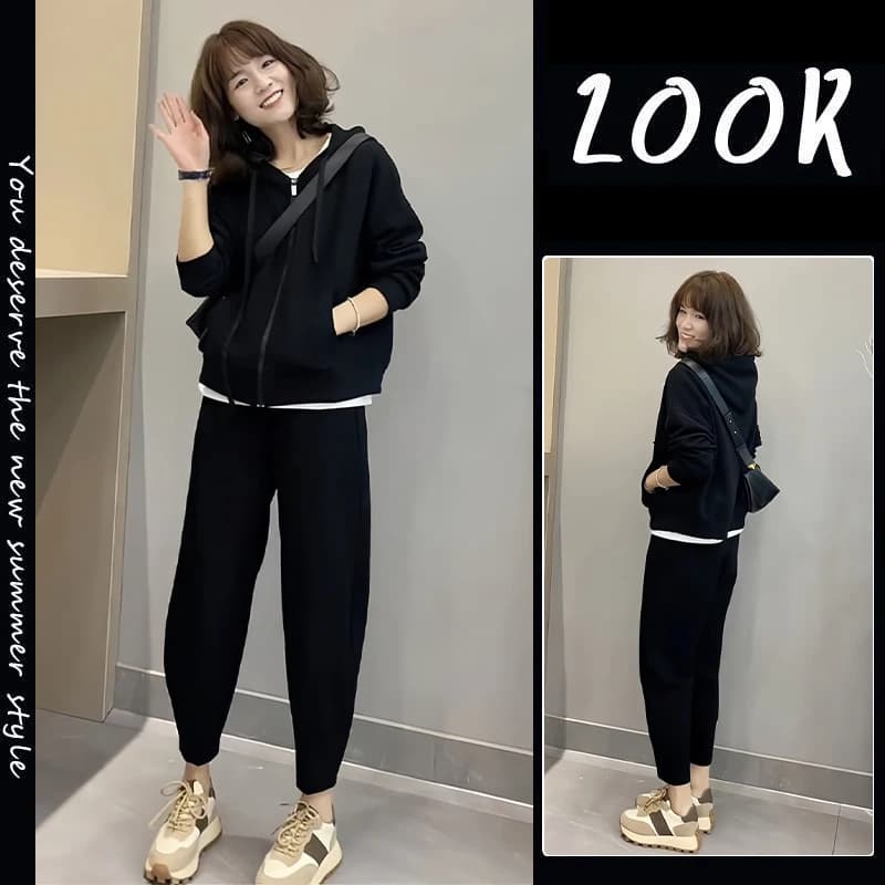 Black Casual Hoodie Set Women's Early Autumn 2026 New Small Size Salt System One Whole Set Polyester Fabric Two Pieces