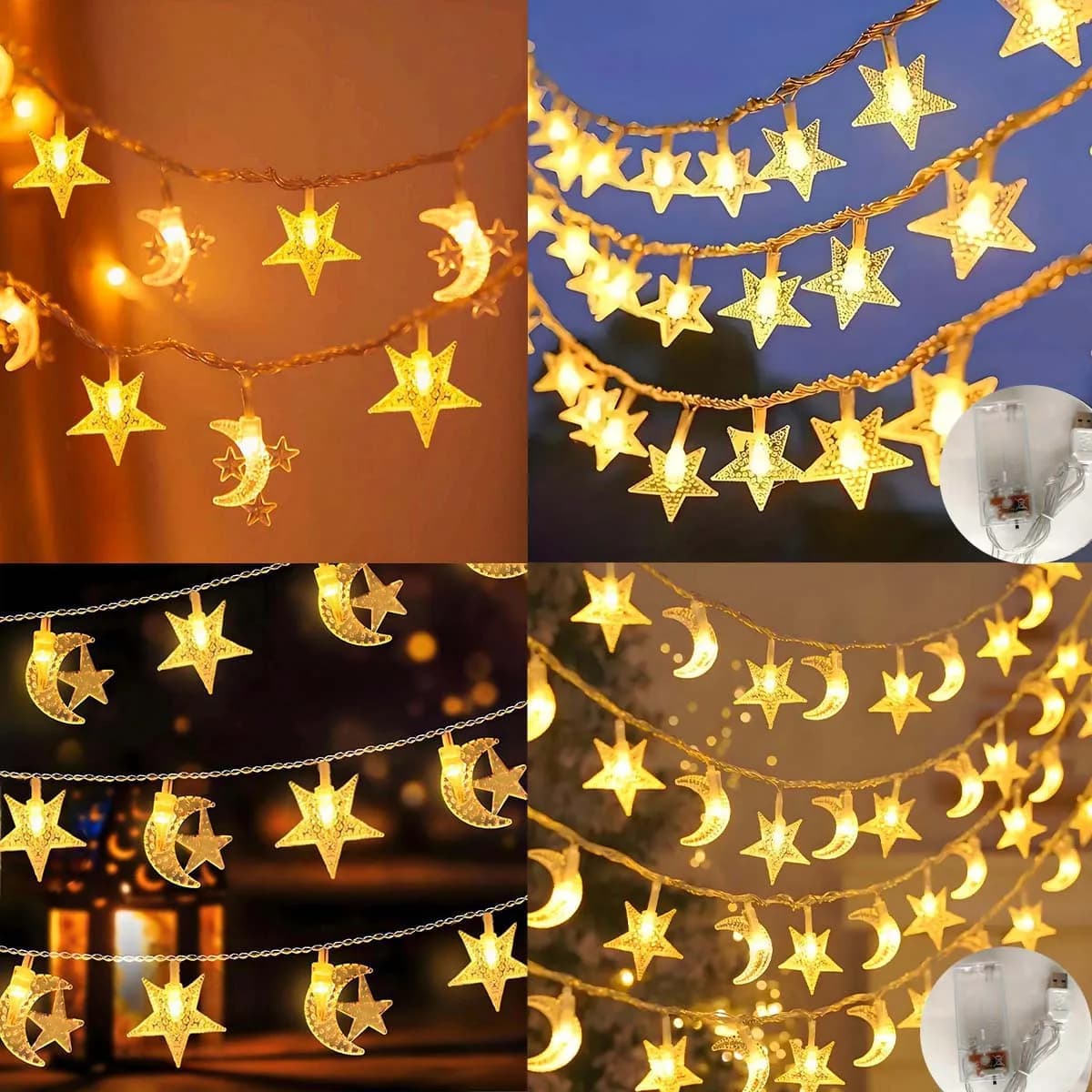 Luci a corda a LED, varie luci decorative a forma di luna e stella (alimentate tramite USB e scatola batteria) adatte per decorazioni natalizie, decorazioni per l'atmosfera di compleanno e matrimoni, Natale, decorazioni Ramadan