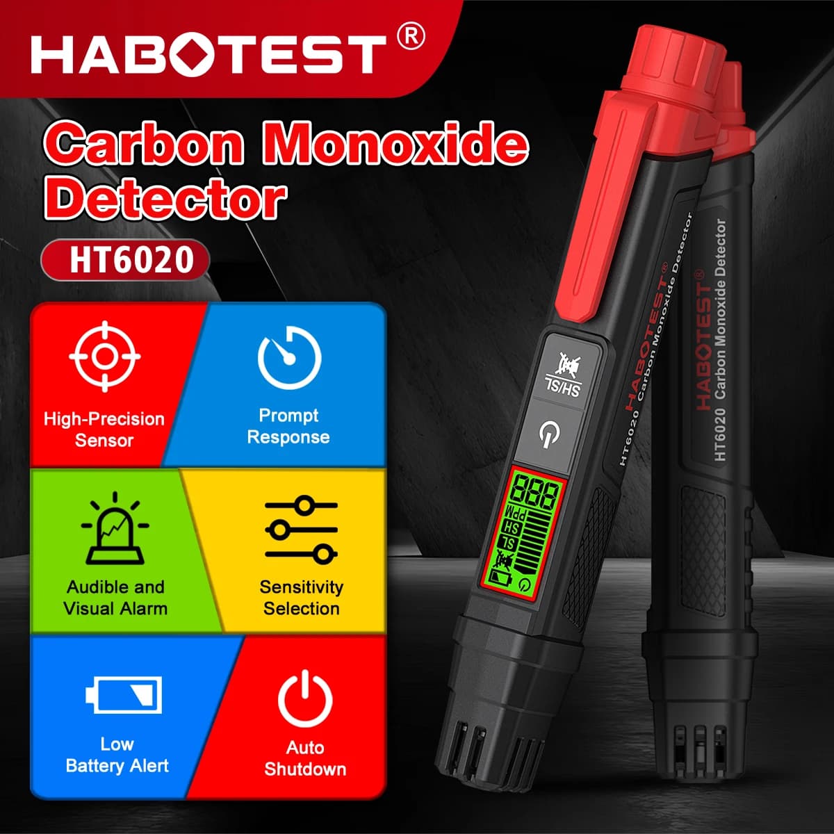 HABOTEST HT6020 Rilevatore professionale di monossido di carbonio Misuratore portatile di gas CO per viaggi in cucina per auto a casa