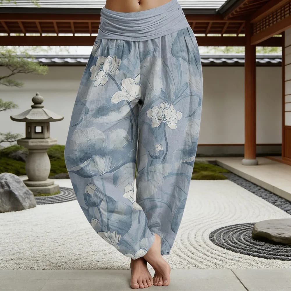 Pantaloni Harem da Donna con Stampa Loto Orientale, in Morbido Cotone, Comodi e Drappeggiati, con Vita Elastica, per Yoga e Loungewear, Pantaloni a Gamba Larga alla Moda