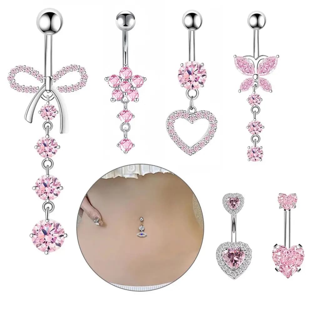 Piercing all'Ombelico in Acciaio Inossidabile a Forma di Cuore con Zircone Rosa, Gioiello Pendente in Rame per Piercing all'Ombelico