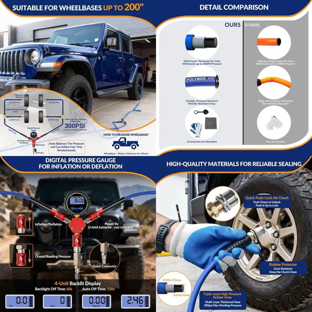 Kit gonfiatore/sgonfiatore per pneumatici con guscio rigido a 4 vie per camion fuoristrada, adatto a passo fino a 200